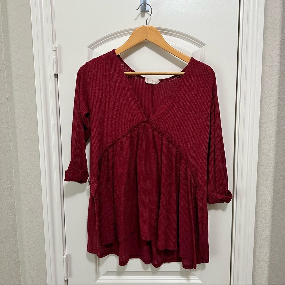 Altar’d State Blouse Baby Doll Maroon V Neck Top Size Small